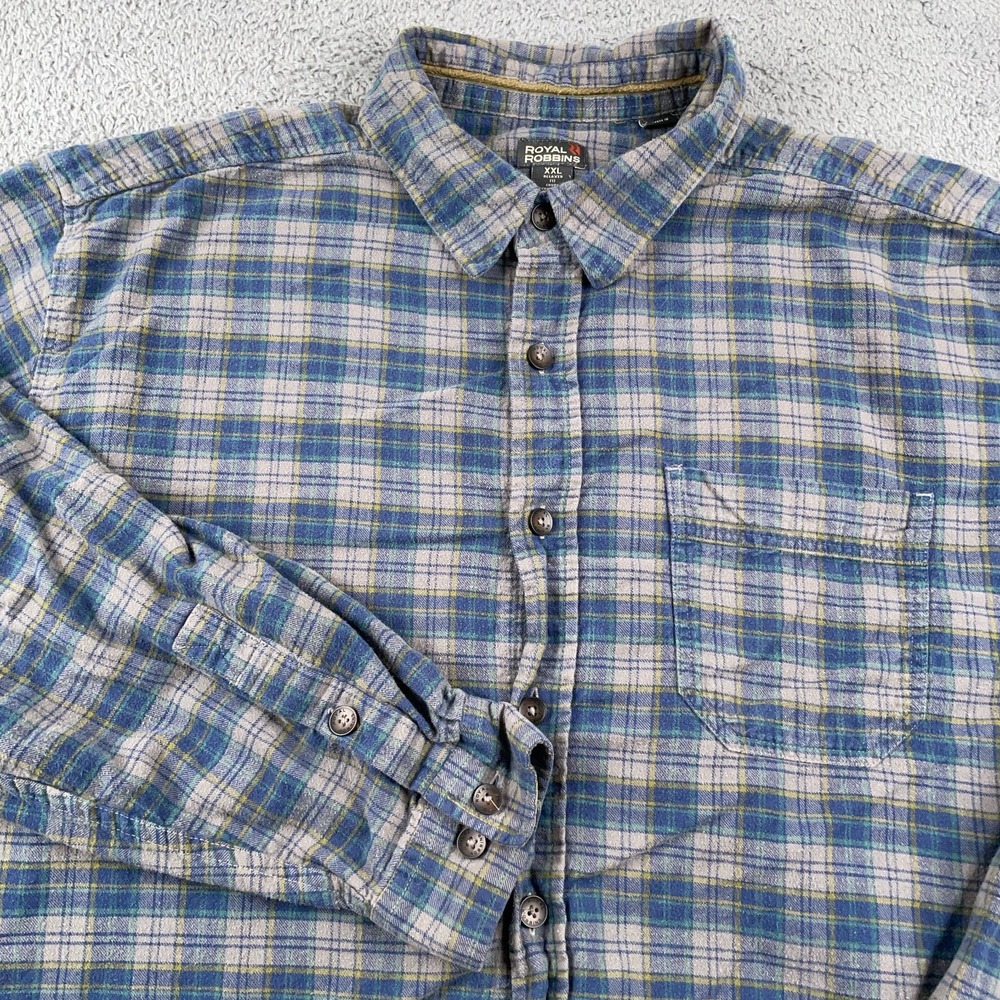 Royal Robbins Shirt Mens 2XL Blue Flannel Plaid Relaxed Fit Hiking Outdoors